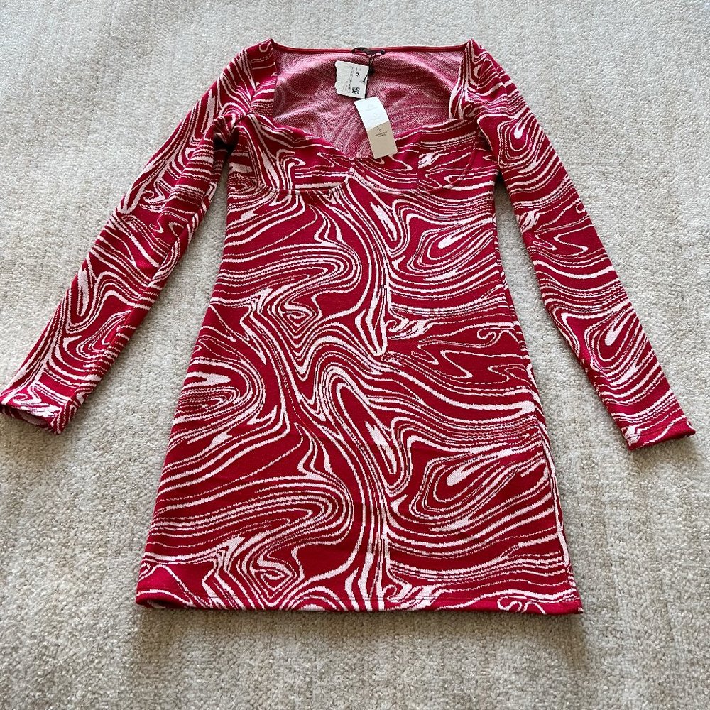 NWT Zara Bustier Knit Sweater Mini Dress L Red Retro Print